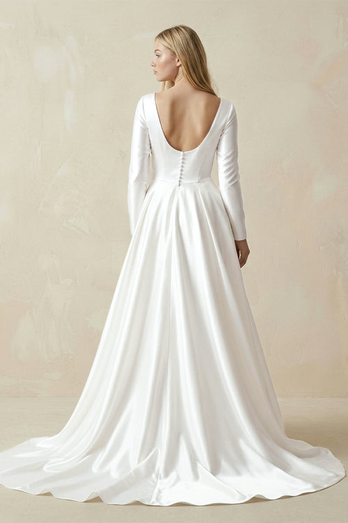 Boat Neck A - line Satin Long Sleeves Wedding Dress in White - SHE IS ME Wedding Dresses