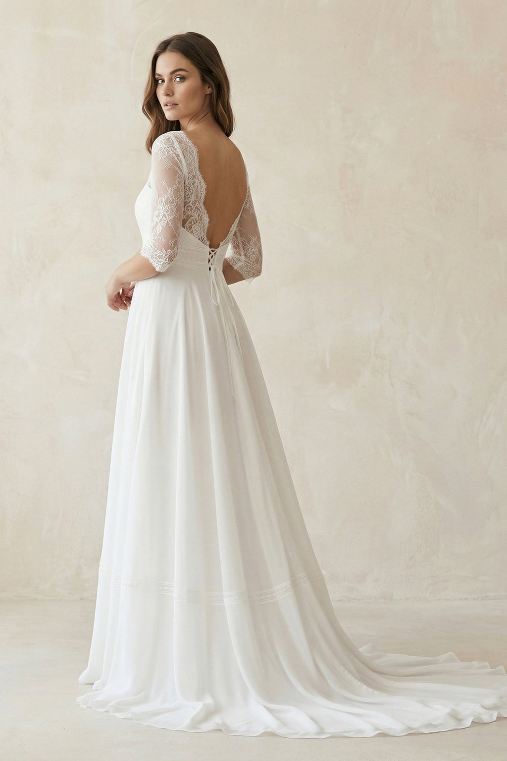 Boat Neck Chiffon Lace Short Sleeve A - Line Wedding Dress in Ivory - SHE IS ME Wedding Dresses