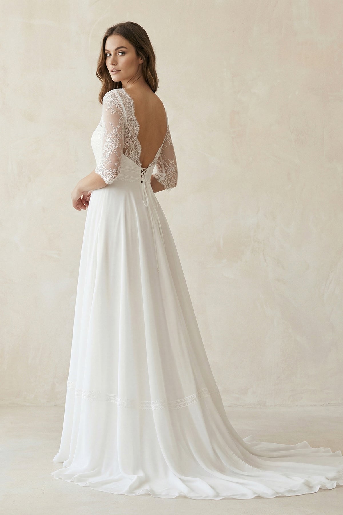 Boat Neck Chiffon Lace Short Sleeve A - Line Wedding Dress in Ivory - SHE IS ME Wedding Dresses