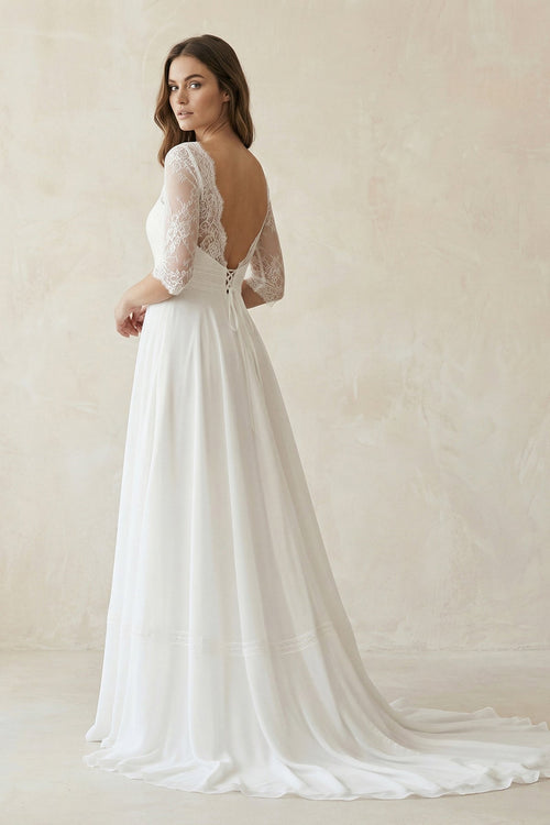 Boat Neck Chiffon Lace Short Sleeve A - Line Wedding Dress in Ivory - SHE IS ME Wedding Dresses