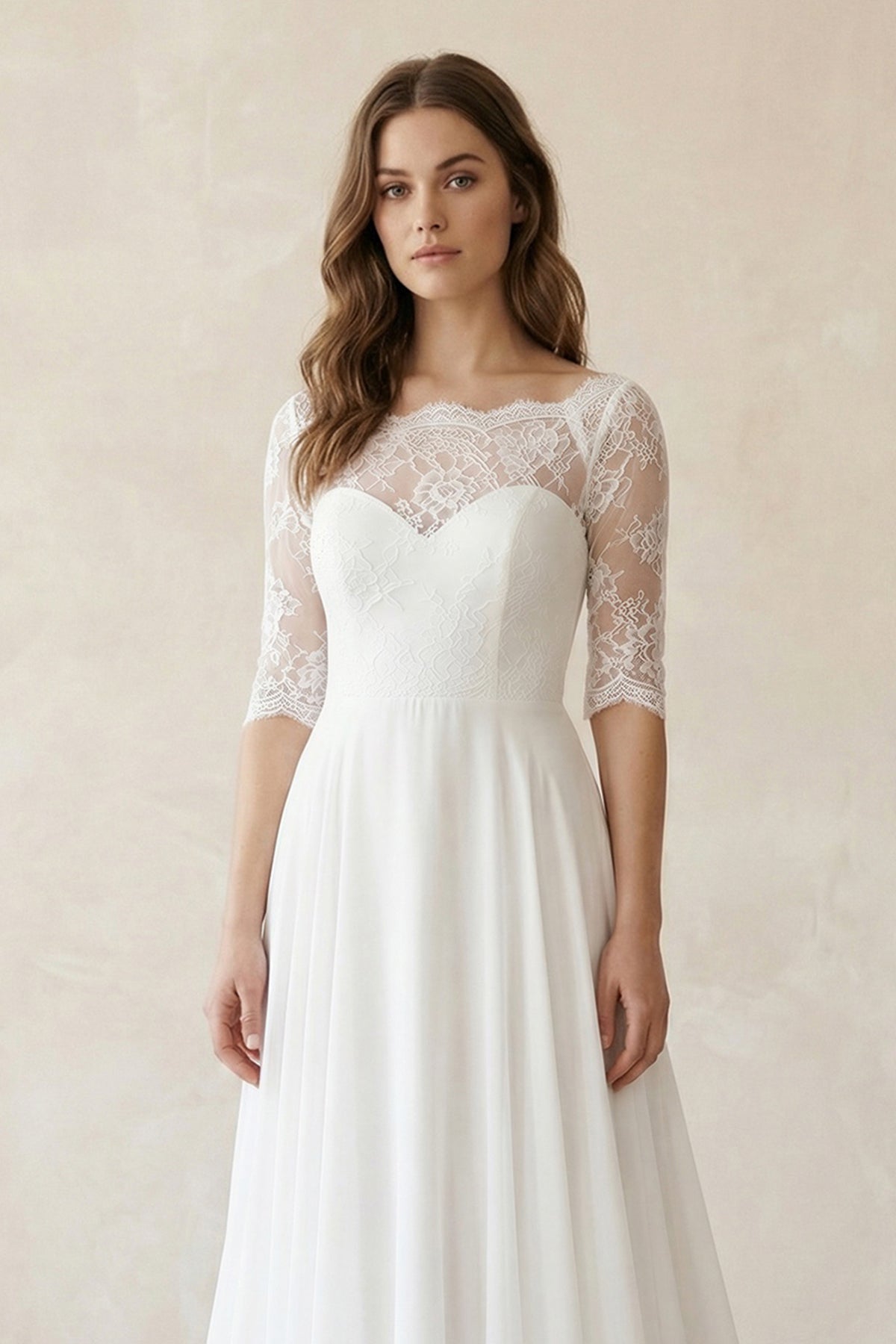 Boat Neck Chiffon Lace Short Sleeve A - Line Wedding Dress in Ivory - SHE IS ME Wedding Dresses