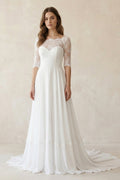 Boat Neck Chiffon Lace Short Sleeve A - Line Wedding Dress in Ivory - SHE IS ME Wedding Dresses