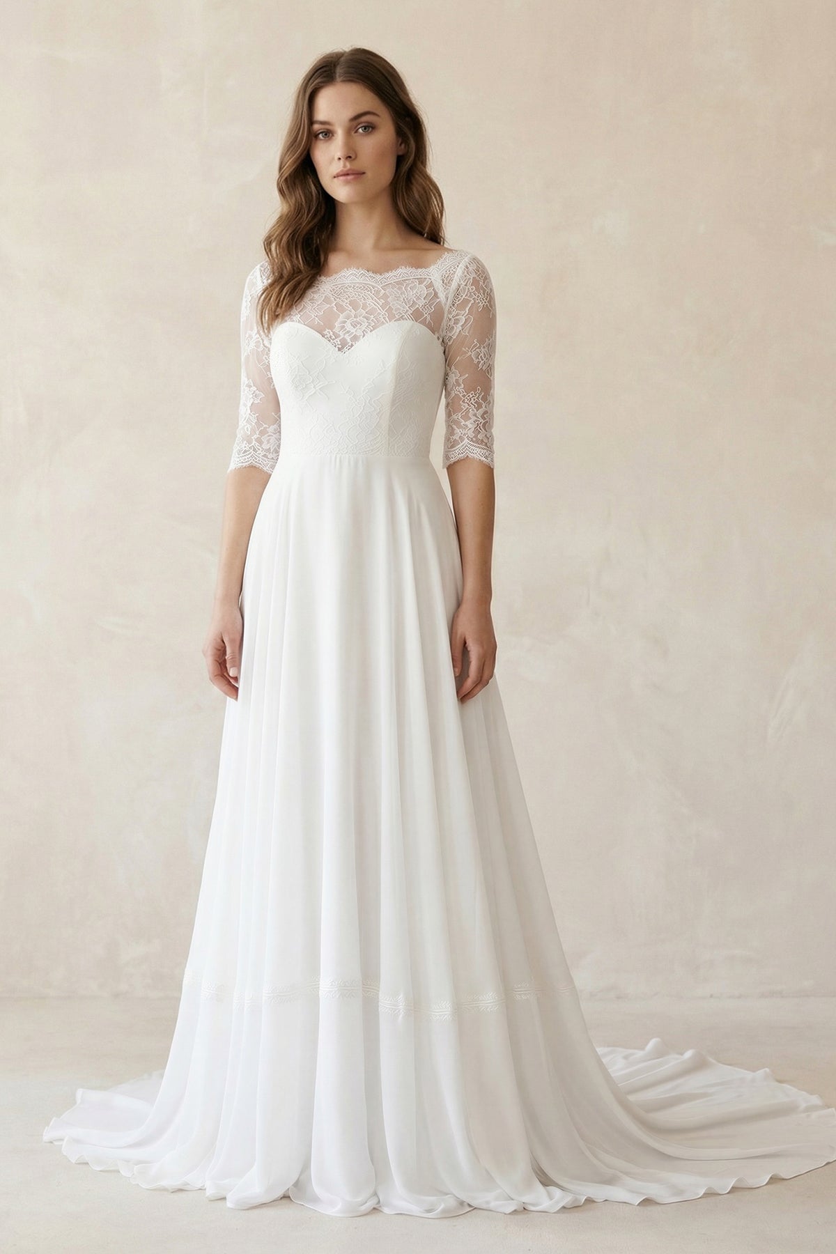 Boat Neck Chiffon Lace Short Sleeve A - Line Wedding Dress in Ivory - SHE IS ME Wedding Dresses
