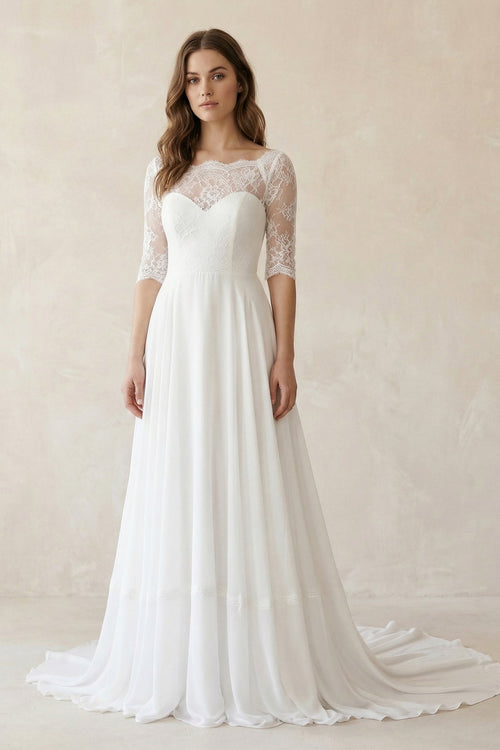 Boat Neck Chiffon Lace Short Sleeve A - Line Wedding Dress in Ivory - SHE IS ME Wedding Dresses
