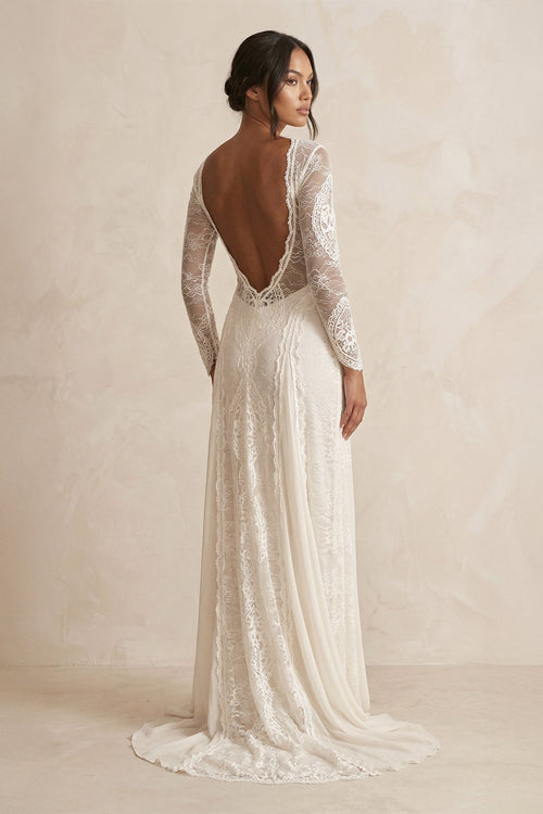 Boat Neck Sheath Lace Long Sleeve Wedding Dress in Ivory - SHE IS ME Wedding Dresses
