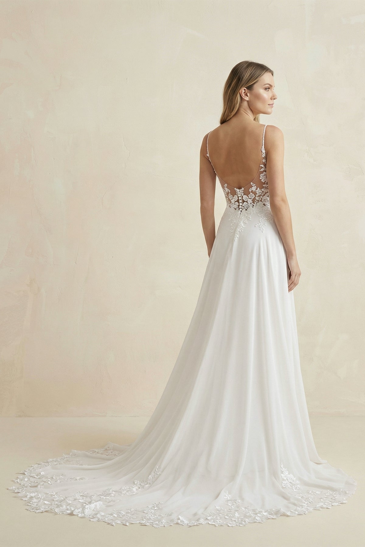 Cami Strap A - Line Chiffon Appliqued Wedding Dress in White - SHE IS ME Wedding Dresses