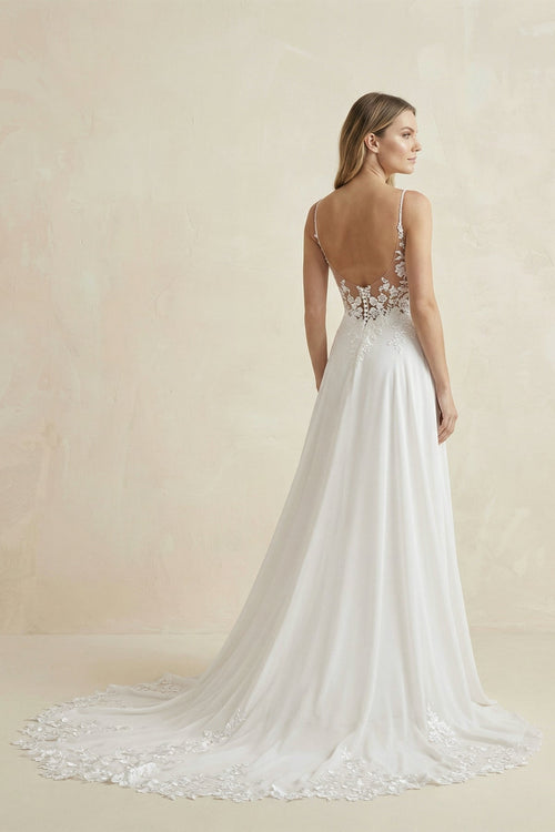 Cami Strap A - Line Chiffon Appliqued Wedding Dress in White - SHE IS ME Wedding Dresses
