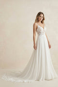 Cami Strap A - Line Chiffon Appliqued Wedding Dress in White - SHE IS ME Wedding Dresses