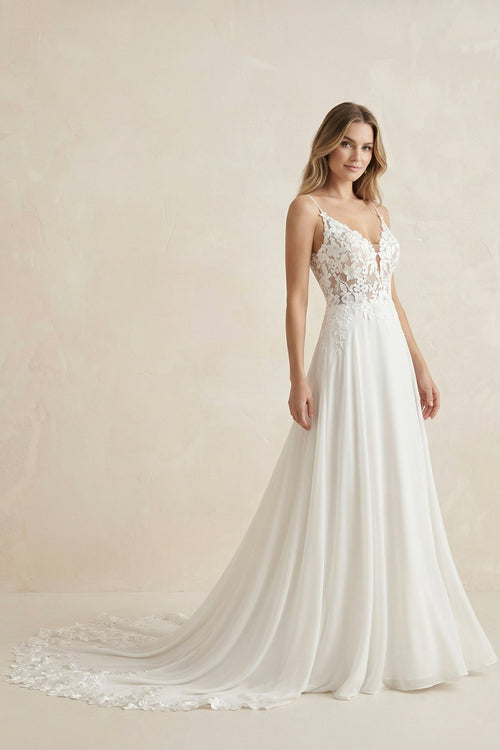 Cami Strap A - Line Chiffon Appliqued Wedding Dress in White - SHE IS ME Wedding Dresses