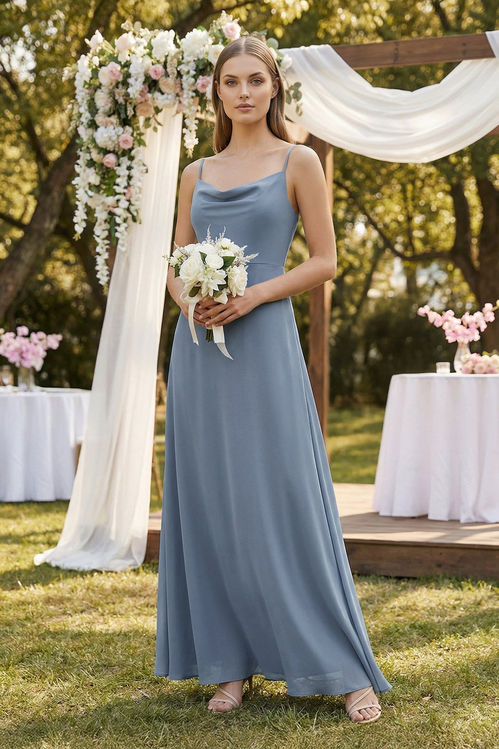 Cami Strap A-Line Chiffon Bridesmaid Dress in Neptune - SHE IS ME BRIDESMAID DRESSES