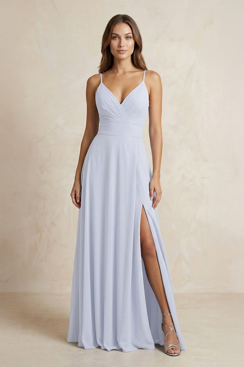 Cami Strap A - Line Chiffon Bridesmaid Dress With Slit in Ice - SHE IS ME Bridesmaid Dresses