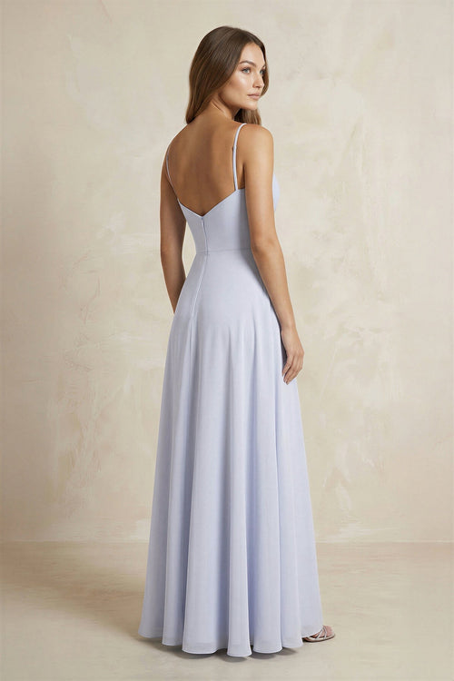 Cami Strap A - Line Chiffon Bridesmaid Dress With Slit in Ice - SHE IS ME Bridesmaid Dresses