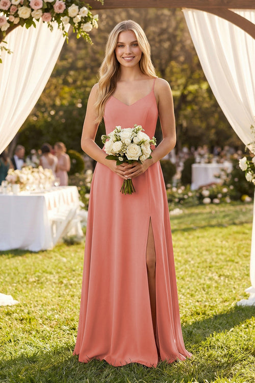 Cami Strap A-Line Chiffon Bridesmaid Dress with Slit in Mulberry - SHE IS ME BRIDESMAID DRESSES
