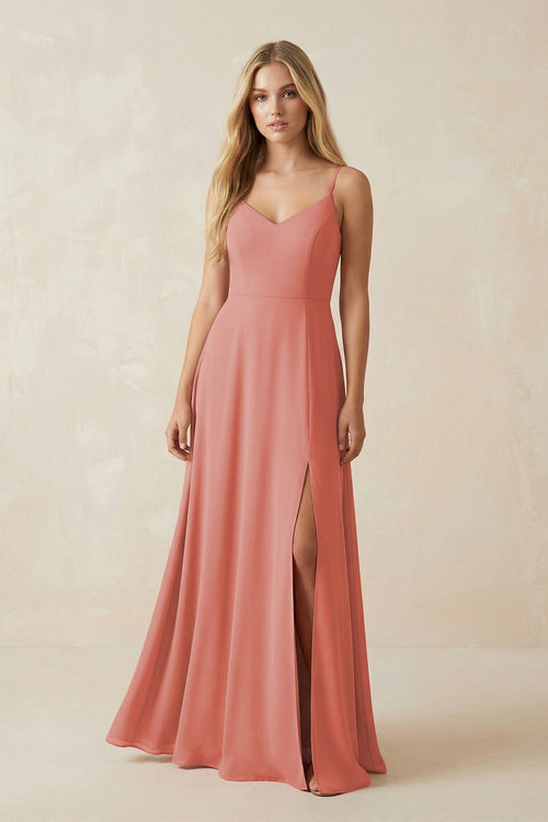 Cami Strap A-Line Chiffon Bridesmaid Dress with Slit in Mulberry - SHE IS ME BRIDESMAID DRESSES