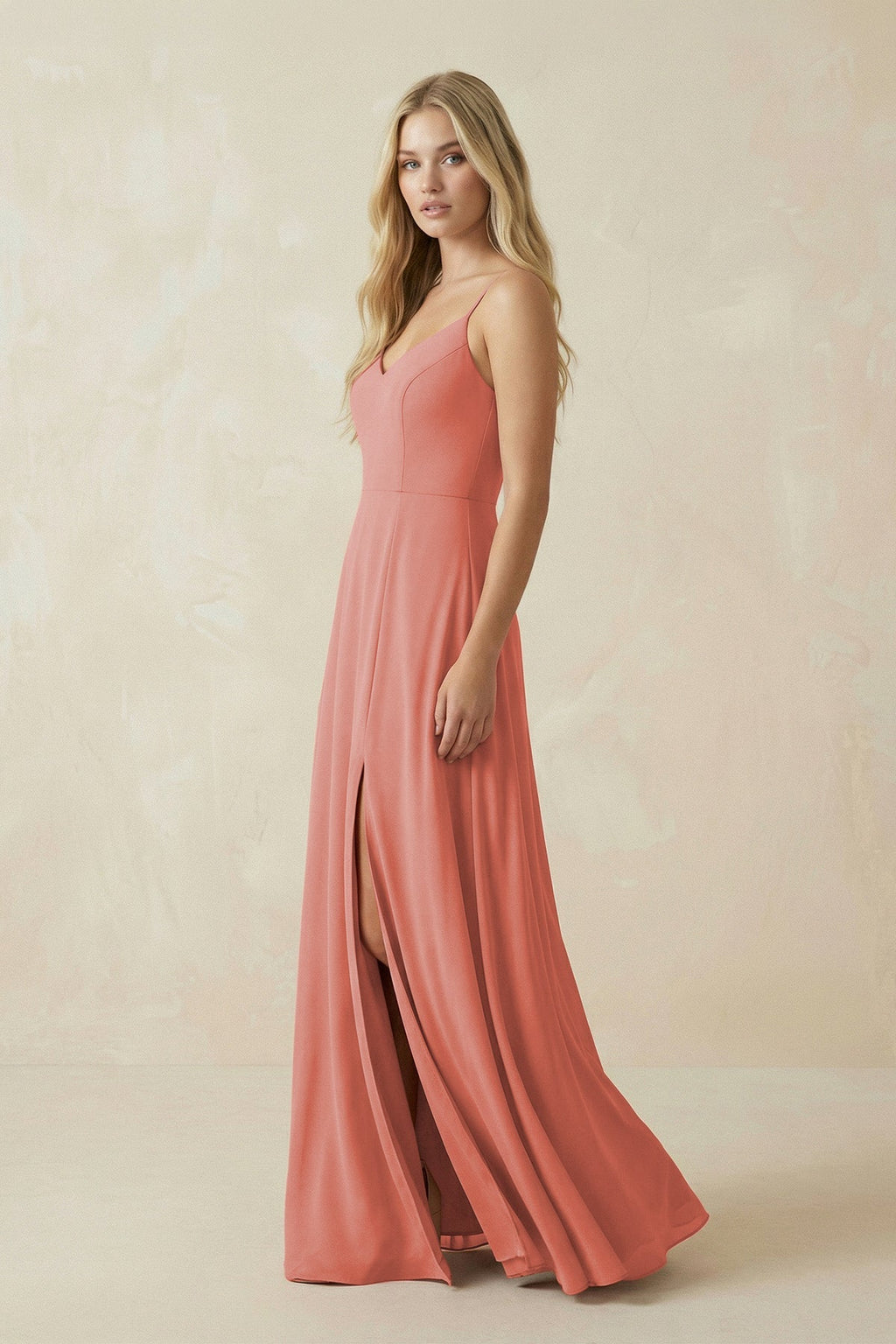 Cami Strap A-Line Chiffon Bridesmaid Dress with Slit in Mulberry - SHE IS ME BRIDESMAID DRESSES