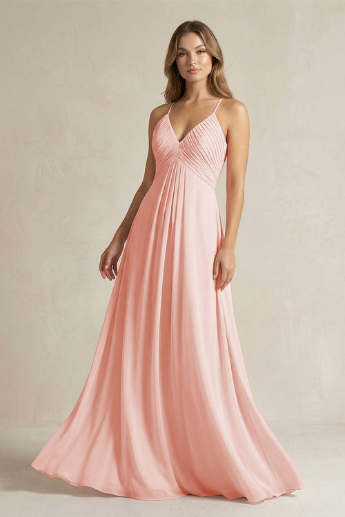 Cami Strap A - Line Chiffon Pleated Bridesmaid Dress in Rose Petal - SHE IS ME Bridesmaid Dresses