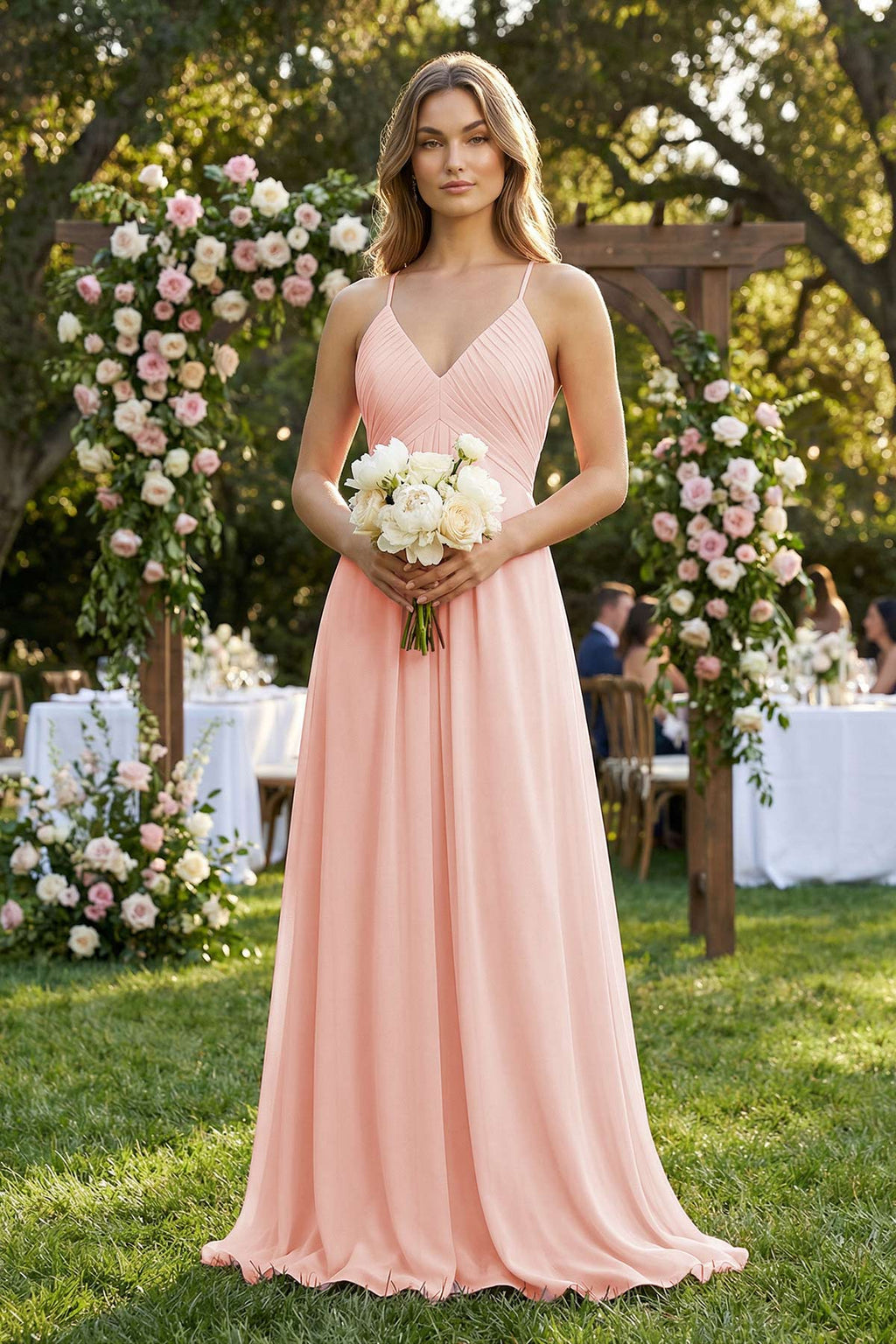 Cami Strap A - Line Chiffon Pleated Bridesmaid Dress in Rose Petal - SHE IS ME Bridesmaid Dresses