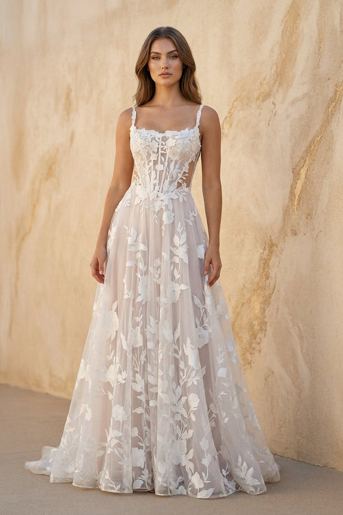 Cami Strap A - Line Corset Lace Wedding Dress in Ivory and Blush - SHE IS ME Wedding Dresses