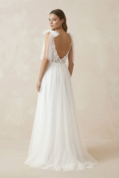 Cami Strap Appliqued Tulle A - Line Wedding Dress With Slit in White - SHE IS ME Wedding Dresses