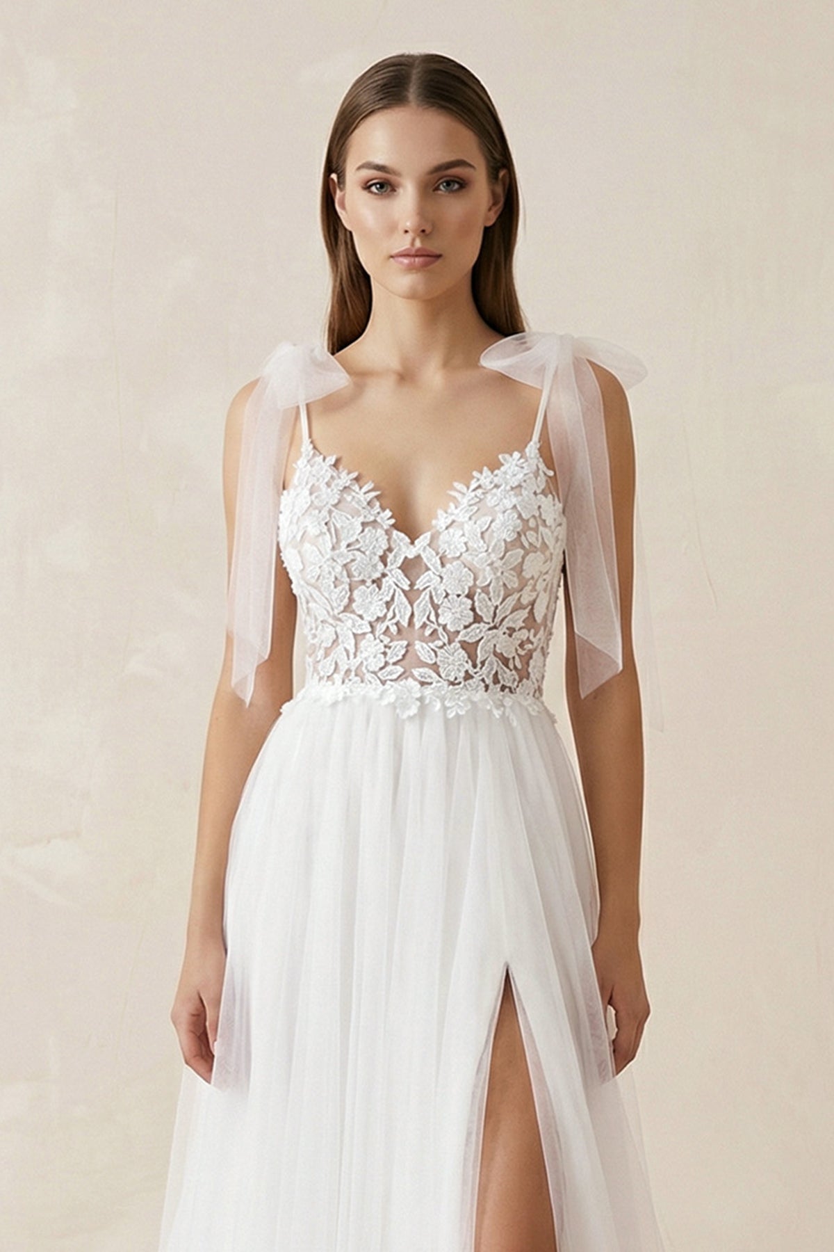Cami Strap Appliqued Tulle A - Line Wedding Dress With Slit in White - SHE IS ME Wedding Dresses