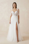 Cami Strap Appliqued Tulle A - Line Wedding Dress With Slit in White - SHE IS ME Wedding Dresses
