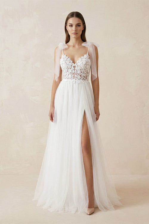 Cami Strap Appliqued Tulle A - Line Wedding Dress With Slit in White - SHE IS ME Wedding Dresses