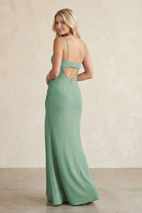 Cami Strap Chiffon Sheath Bridesmaid Dress with Slit in Sea Glass - SHE IS ME Bridesmaid Dresses