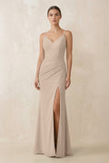 Cami Strap Chiffon Sheath Bridesmaid Gown in Almond - SHE IS ME Bridesmaid Dresses
