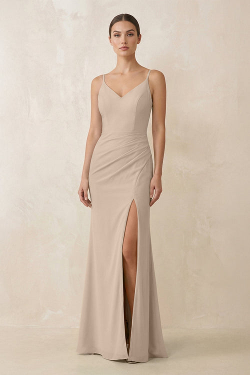 Cami Strap Chiffon Sheath Bridesmaid Gown in Almond - SHE IS ME Bridesmaid Dresses