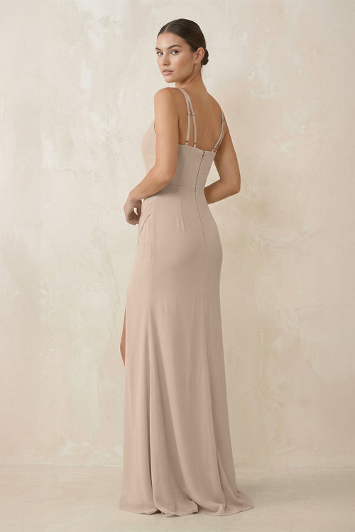 Cami Strap Chiffon Sheath Bridesmaid Gown in Almond - SHE IS ME Bridesmaid Dresses