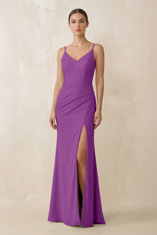 Cami Strap Chiffon Sheath Bridesmaid Gown in Amethyst - SHE IS ME Bridesmaid Dresses