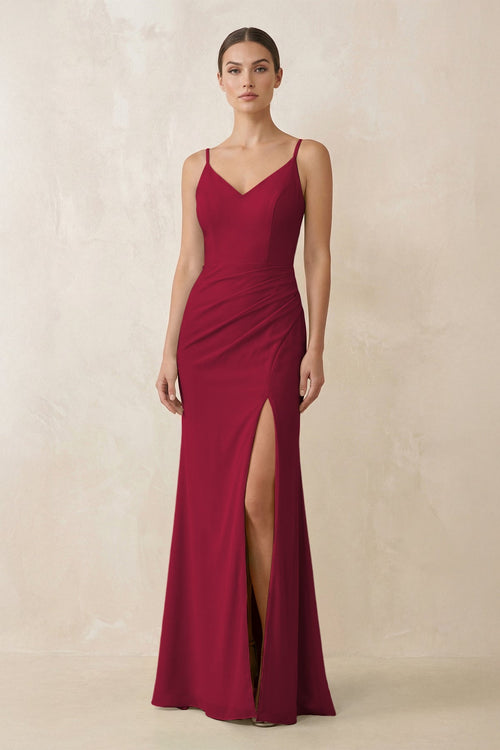 Cami Strap Chiffon Sheath Bridesmaid Gown in Berry - SHE IS ME Bridesmaid Dresses