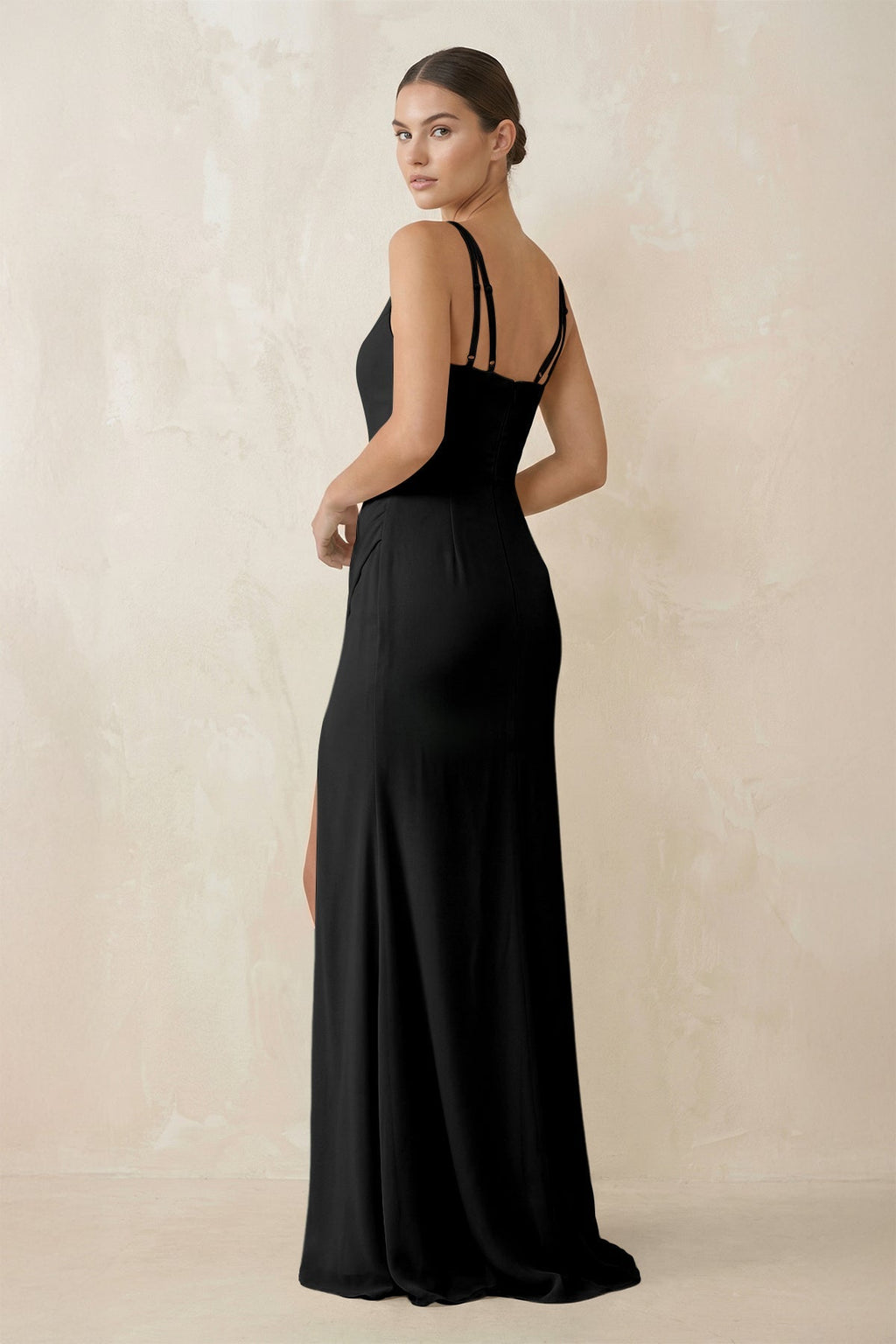 Cami Strap Chiffon Sheath Bridesmaid Gown in Black - SHE IS ME Bridesmaid Dresses
