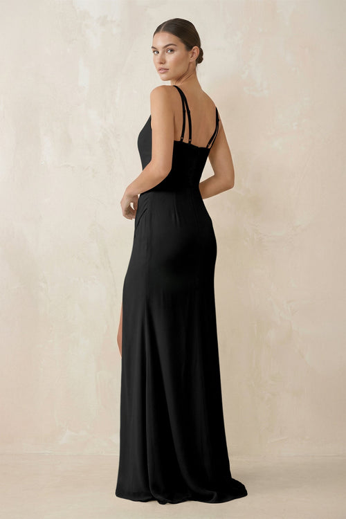 Cami Strap Chiffon Sheath Bridesmaid Gown in Black - SHE IS ME Bridesmaid Dresses