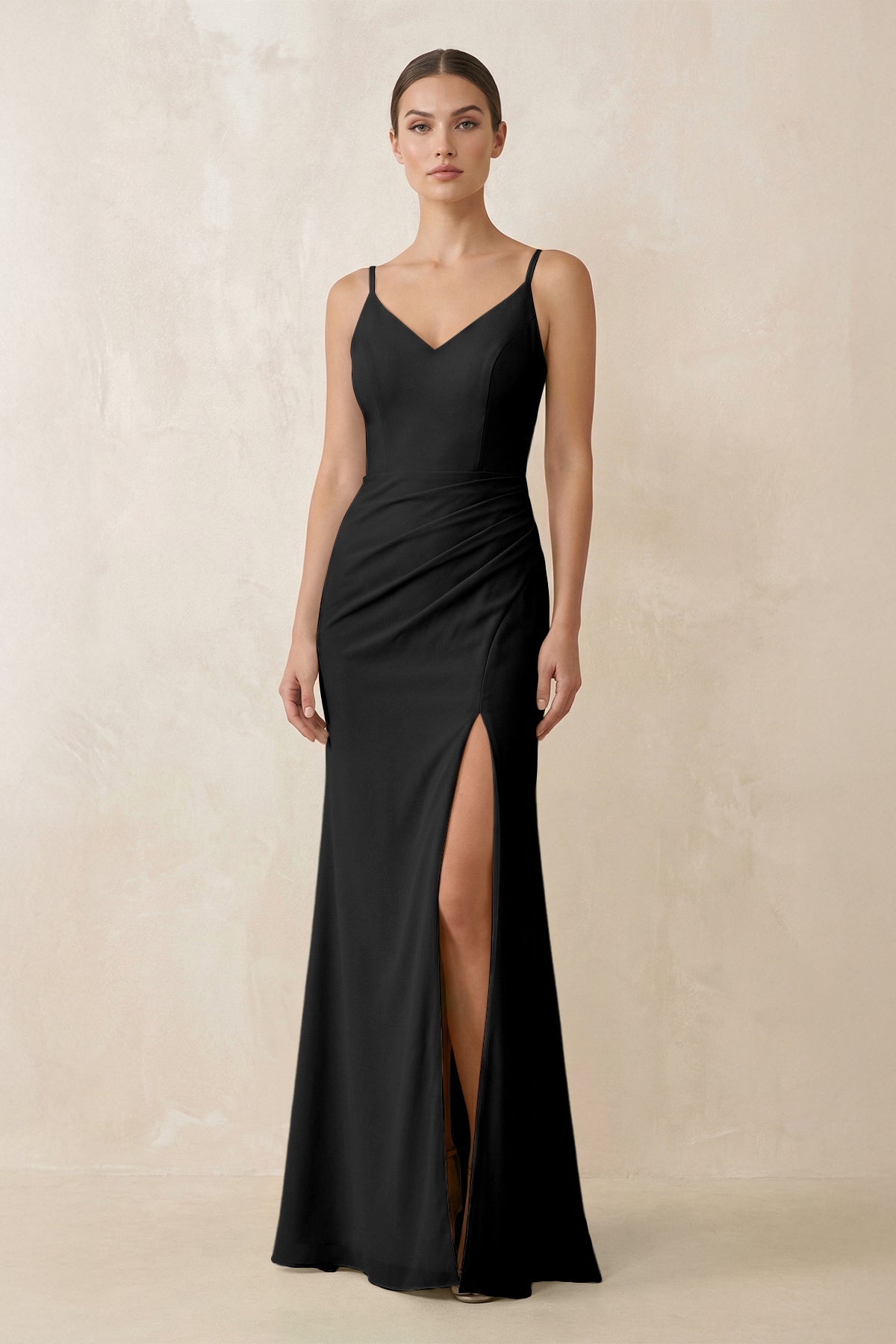 Cami Strap Chiffon Sheath Bridesmaid Gown in Black - SHE IS ME Bridesmaid Dresses