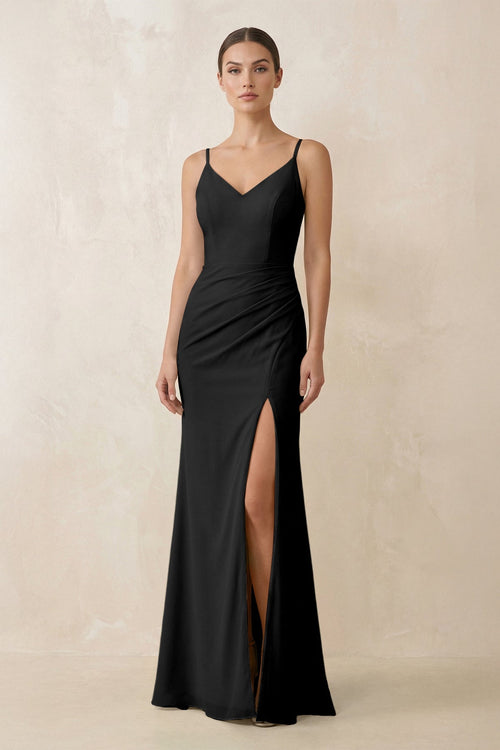 Cami Strap Chiffon Sheath Bridesmaid Gown in Black - SHE IS ME Bridesmaid Dresses