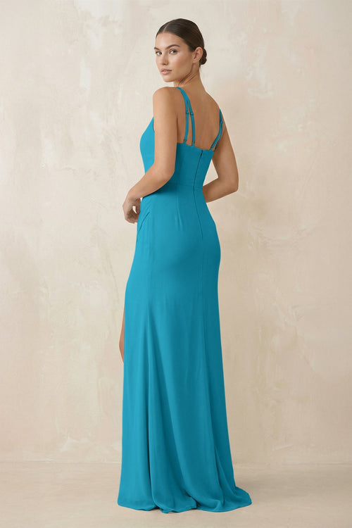 Cami Strap Chiffon Sheath Bridesmaid Gown in Blue Jay - SHE IS ME Bridesmaid Dresses