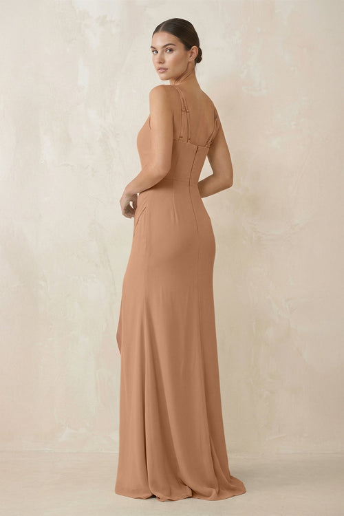 Cami Strap Chiffon Sheath Bridesmaid Gown in Bronzer - SHE IS ME Bridesmaid Dresses