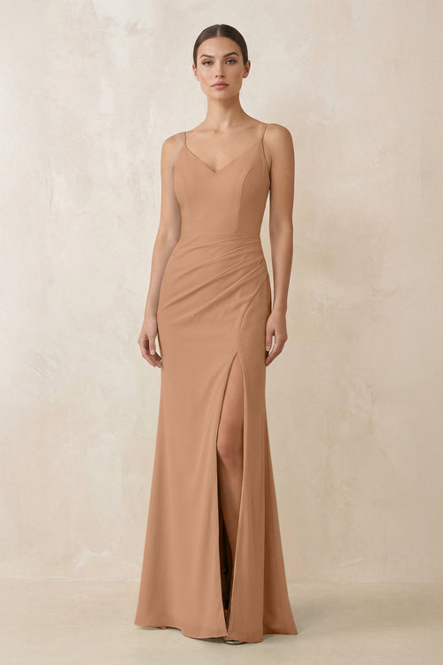 Cami Strap Chiffon Sheath Bridesmaid Gown in Bronzer - SHE IS ME Bridesmaid Dresses