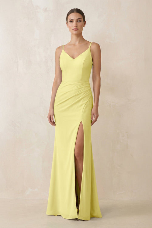 Cami Strap Chiffon Sheath Bridesmaid Gown in Buttercup - SHE IS ME Bridesmaid Dresses