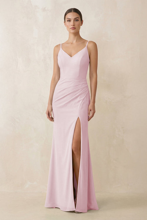 Cami Strap Chiffon Sheath Bridesmaid Gown in Candy Pink - SHE IS ME Bridesmaid Dresses