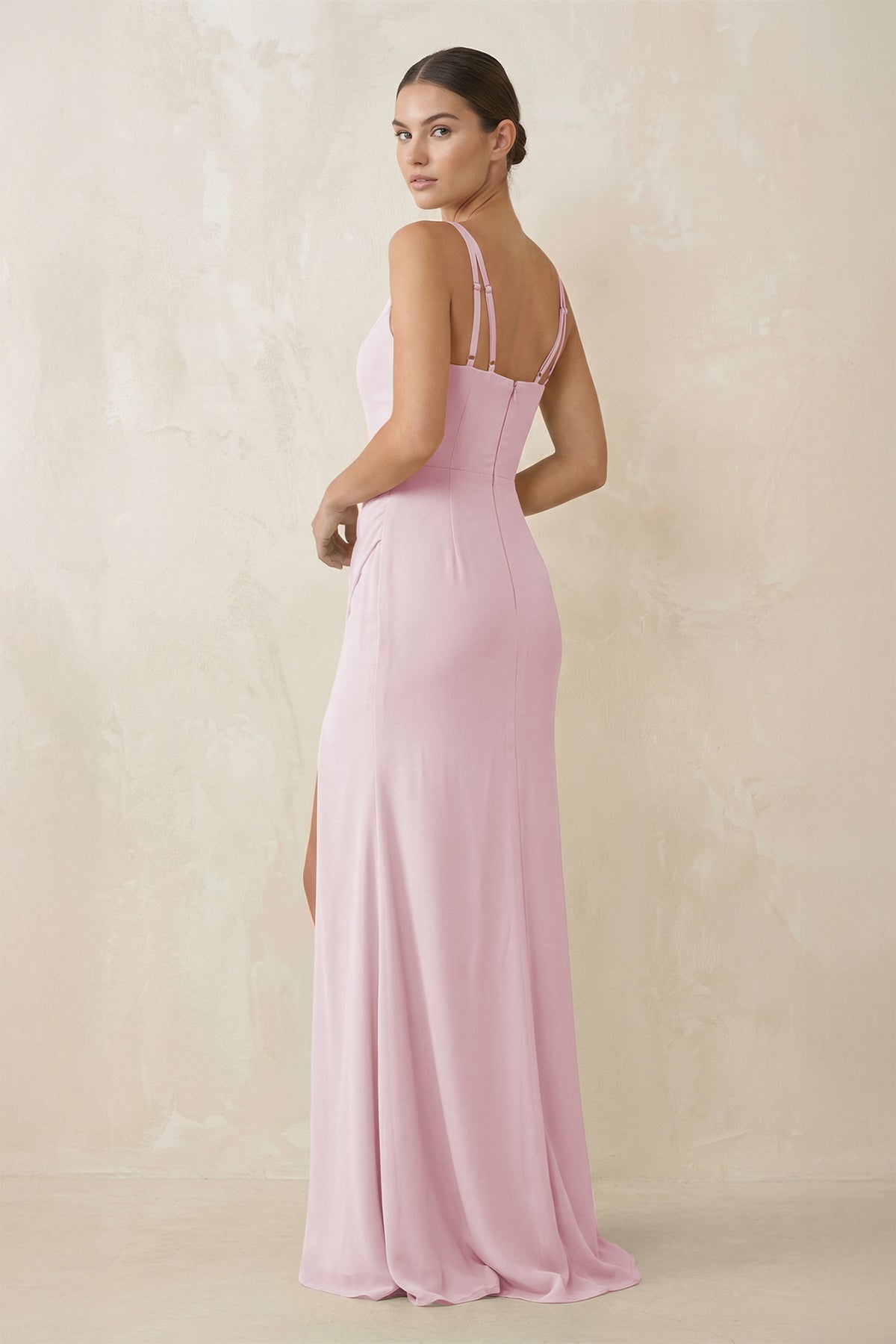 Cami Strap Chiffon Sheath Bridesmaid Gown in Candy Pink - SHE IS ME Bridesmaid Dresses