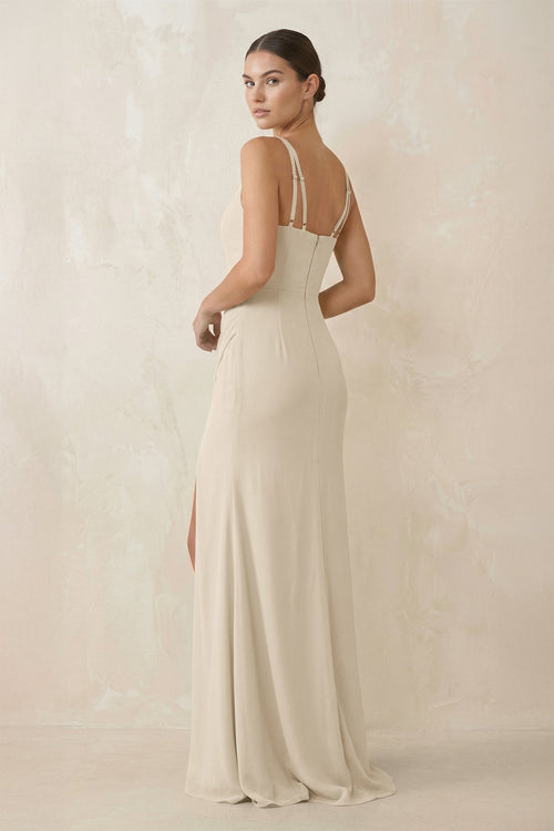 Cami Strap Chiffon Sheath Bridesmaid Gown in Champagne - SHE IS ME Bridesmaid Dresses