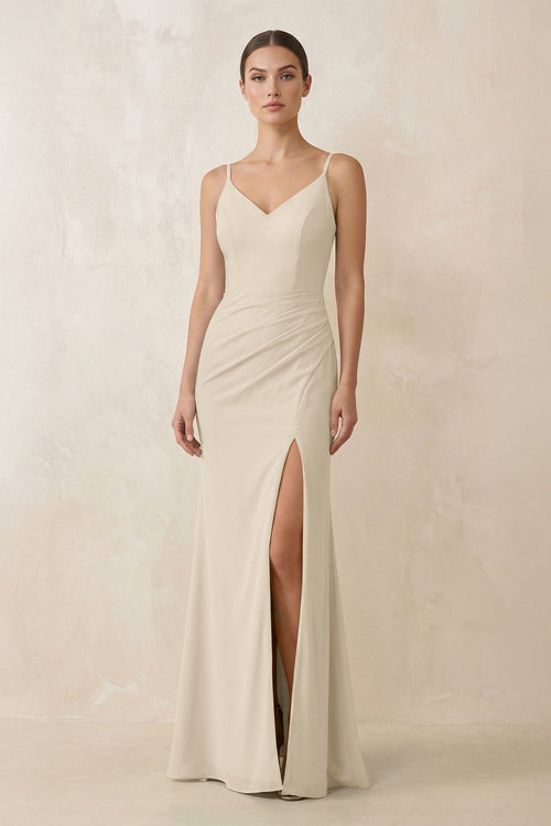 Cami Strap Chiffon Sheath Bridesmaid Gown in Champagne - SHE IS ME Bridesmaid Dresses