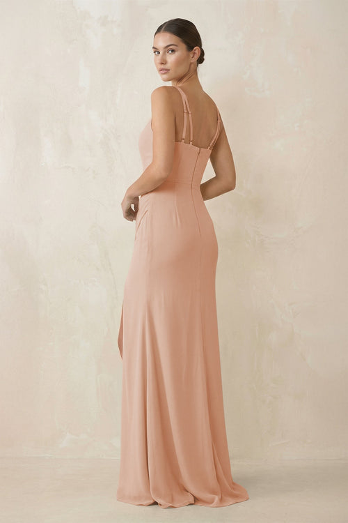 Cami Strap Chiffon Sheath Bridesmaid Gown in Champagne Rose - SHE IS ME Bridesmaid Dresses