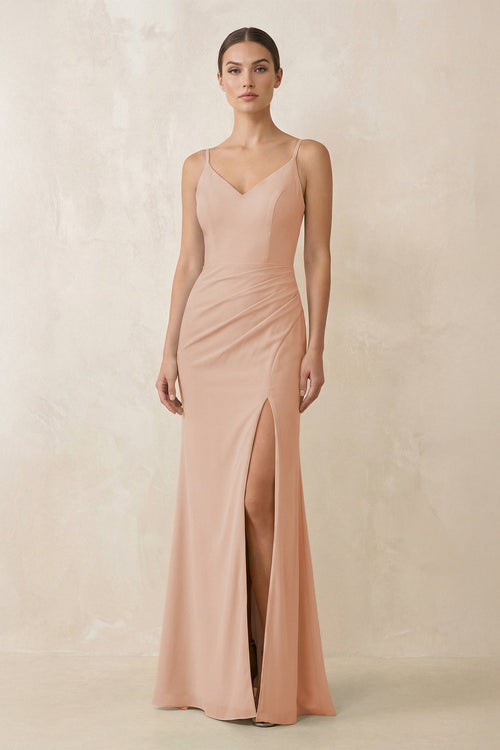 Cami Strap Chiffon Sheath Bridesmaid Gown in Champagne Rose - SHE IS ME Bridesmaid Dresses