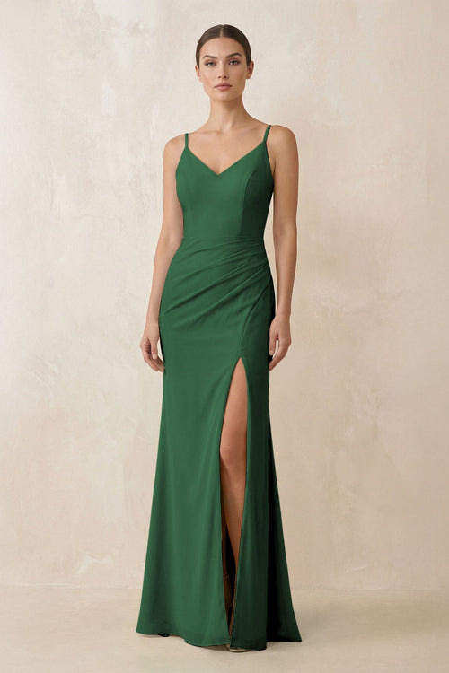 Cami Strap Chiffon Sheath Bridesmaid Gown in Dark Green - SHE IS ME Bridesmaid Dresses