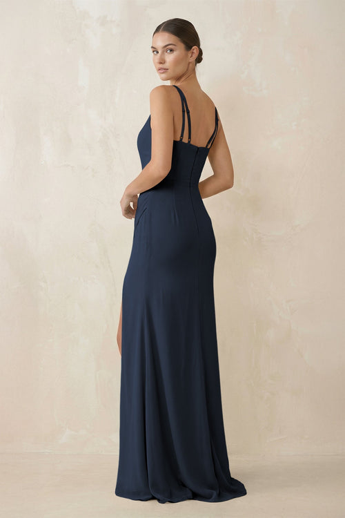 Cami Strap Chiffon Sheath Bridesmaid Gown in Dark Navy - SHE IS ME Bridesmaid Dresses
