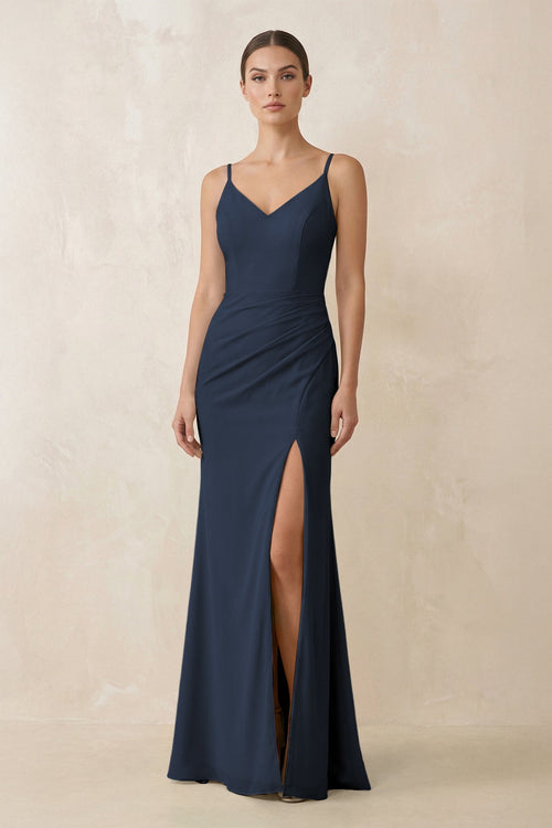 Cami Strap Chiffon Sheath Bridesmaid Gown in Dark Navy - SHE IS ME Bridesmaid Dresses
