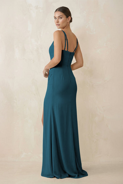 Cami Strap Chiffon Sheath Bridesmaid Gown in Dark Teal - SHE IS ME Bridesmaid Dresses